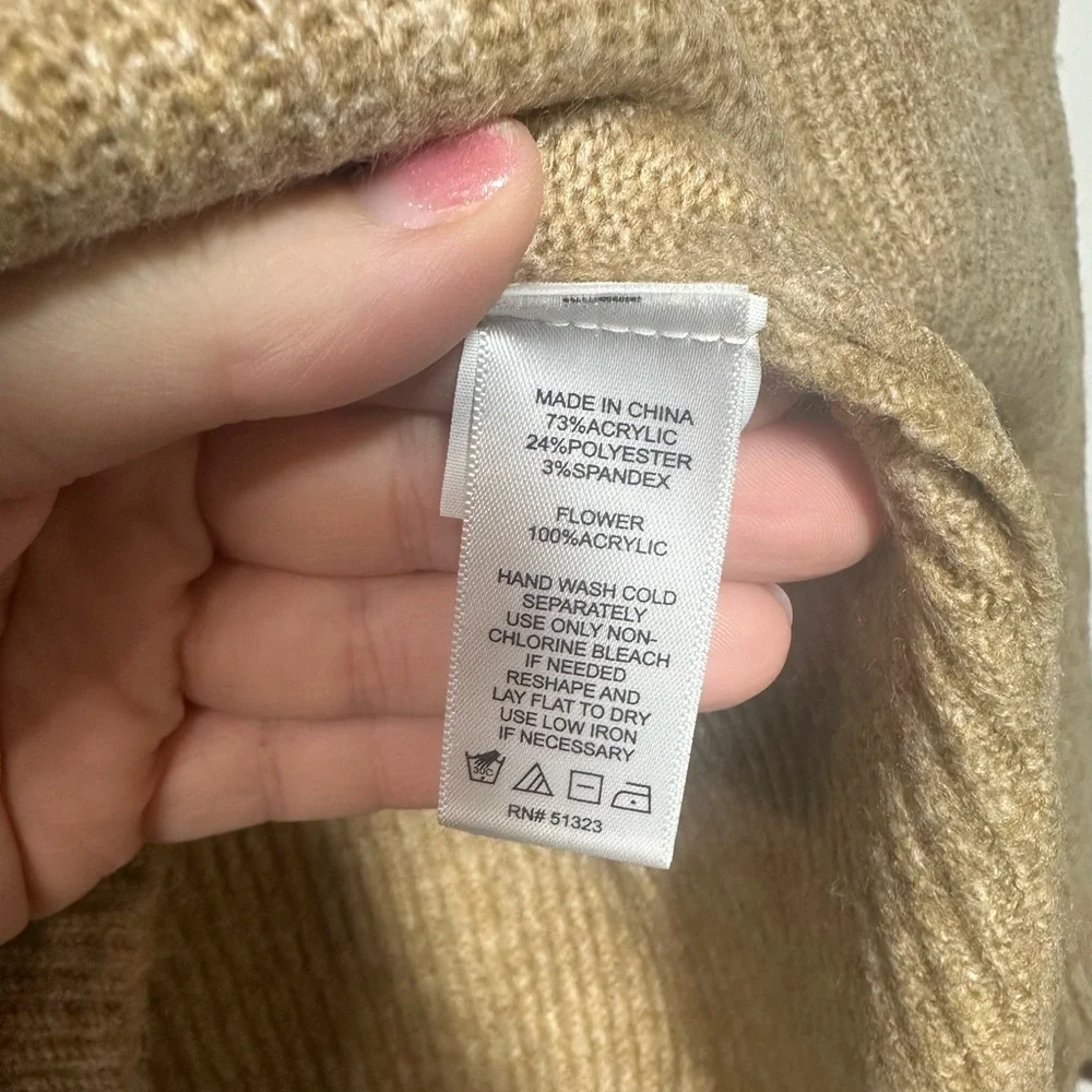 CeCe Tan Knit Sweater Floral Embroidery